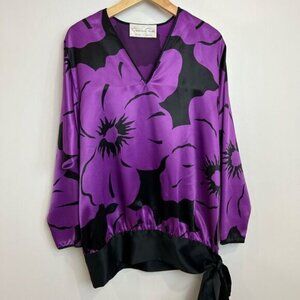 VTG Oscar De La Renta Purple Swirl Black Waist Kaftan Long Sleeve Top Medium